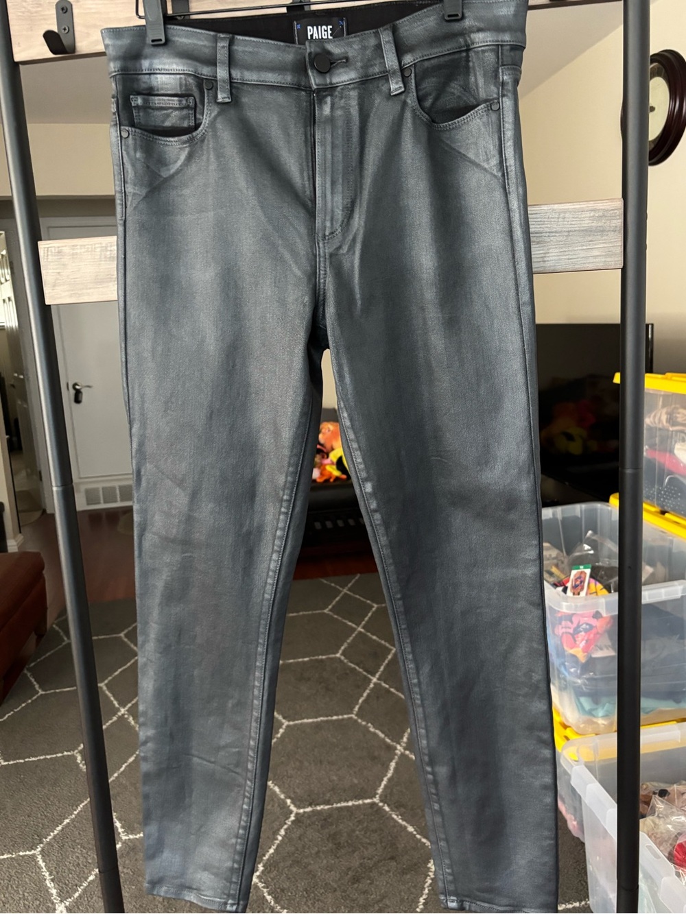 PAIGE Women’s Black Straight Leg Jeans - shiny metallic black